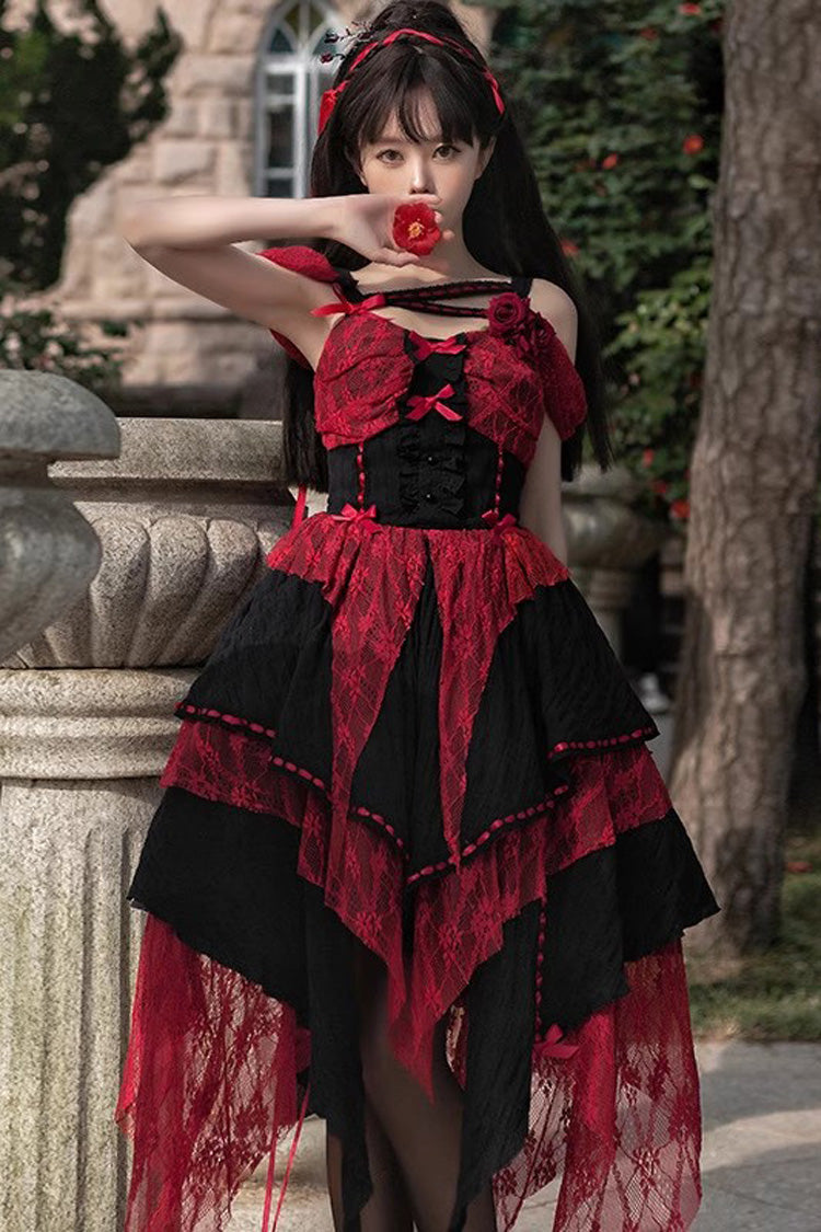 Red and Black Sleeveless High-Waist Print Asymmetric Gothic Lolita JSK