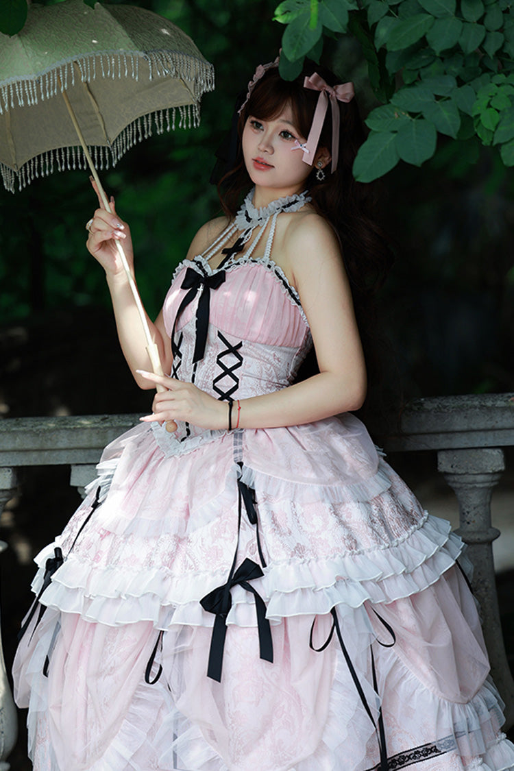Pink Cross Halterneck Lace-Up Sweet Lolita Dress - Princess Ruffled Bowknot
