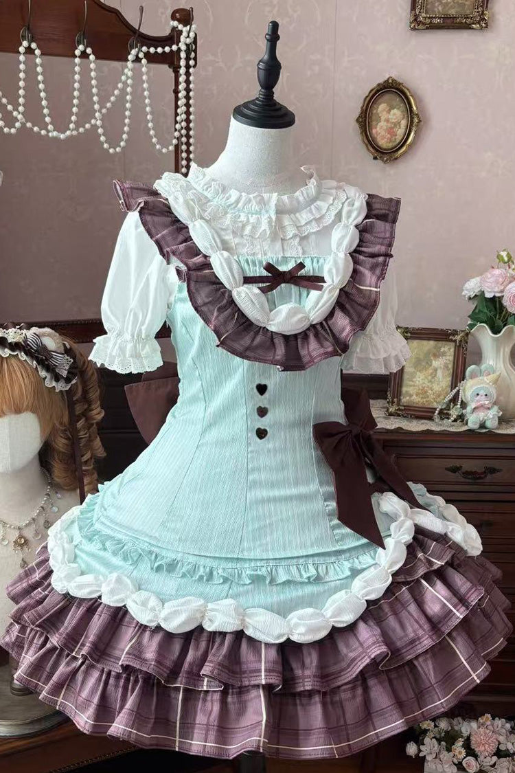 Green Brown Creamy Thin Chocolate Sleeveless Multi-Tiered Printed Ruffled Bow Asymmetric Sweet Lolita Jumper Dress