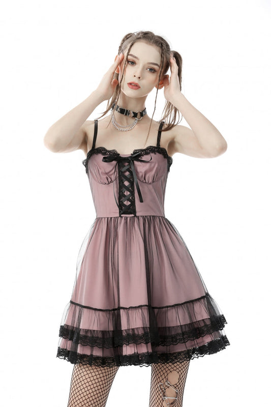 Sleeveless Multi-Layered Lace Lolita Slip Graduation Dress - Pink