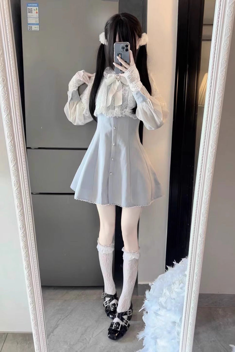 Aqua Shawl Lace Chiffon Long Sleeves Slim Jirai Kei Dress
