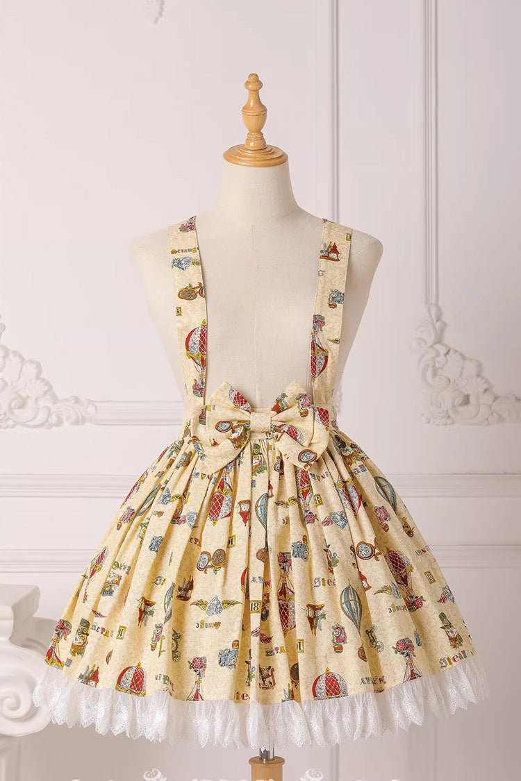 Lolita JSK Dress with Bow and Lace Print - Mechanical Balloon, 2 Tones