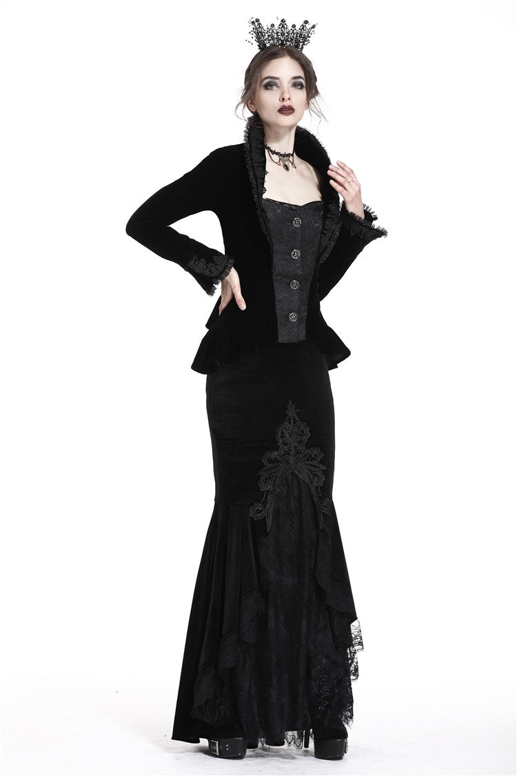 Sable Velour Lace-Trim Gothic Mermaid Skirt