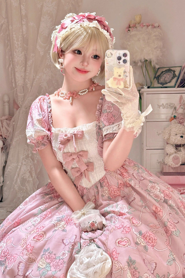Pink Rose Print Puff-Sleeve Ruffle Bow Plus-Size Lolita Dress