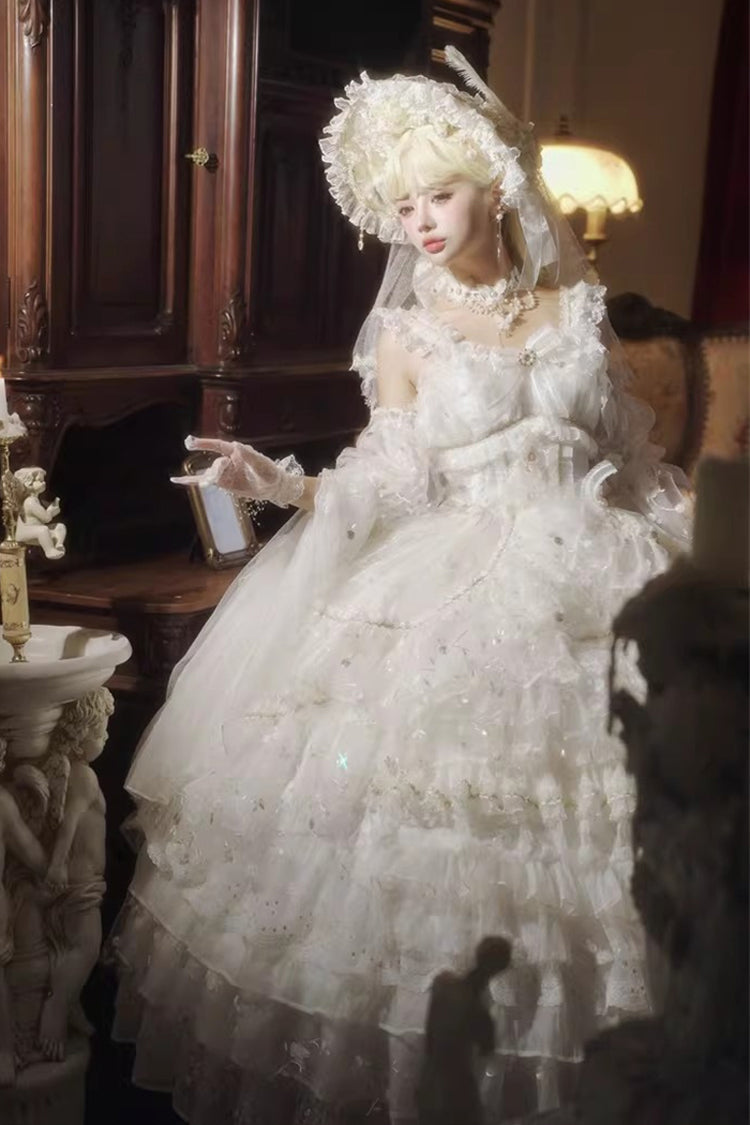 Ivory Chiffon Gown with Layered Ruffles and Bow Accents - Dreamy Waltz