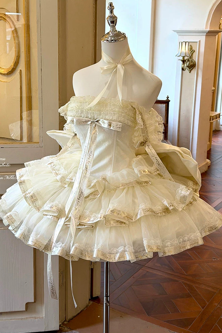 Apricot Sweet Lolita Dress with Off Shoulder Triple-Layer Ruffles and Bowknot Accents