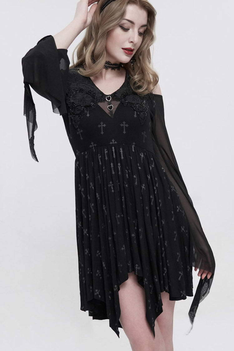 Cross Print Embroidered Beaded Neckline Mesh Flared Gothic Dress