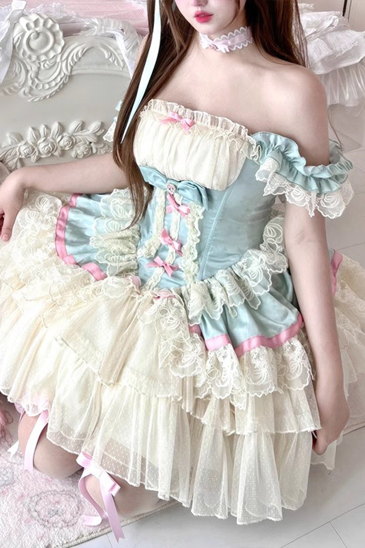 Cerulean and Ivory Triple Ruffled Bow Lace Ballet Sweet Lolita Dress - Girly Scent Edition