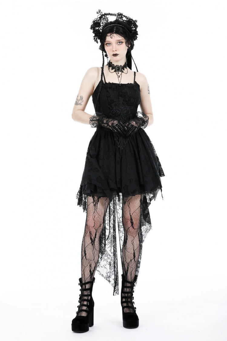 Sleeveless Rose Lace Lace-Up Gothic High Low Dovetail Slip Wedding Dress