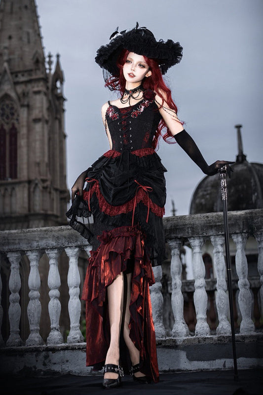 Black/Red Embroidered Lace-Up Gothic Skirt Set with Ruffles