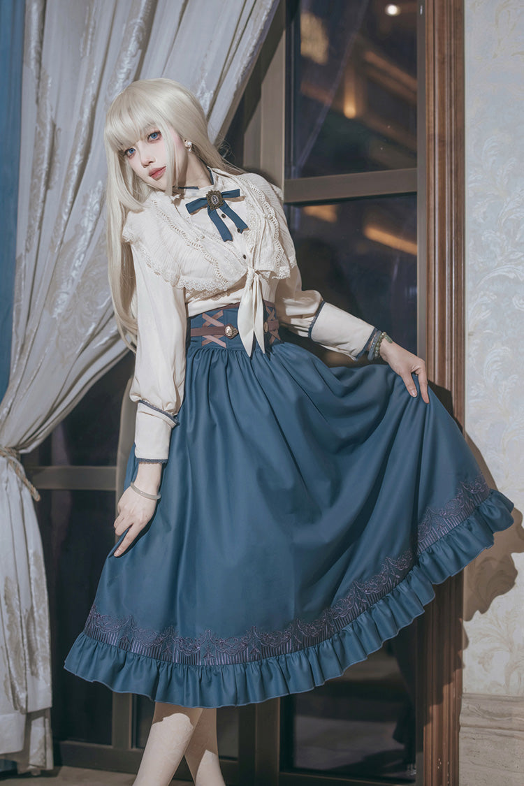Sapphire Lace-Up Embroidered Sweet Elegant Lolita Skirt with Ruffle