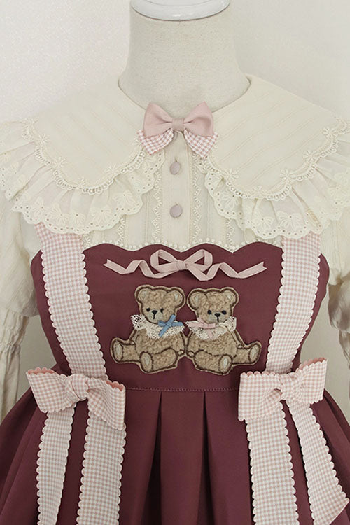 Wine Sheep & Bear Print Alice Girl Bow Ruffled Sweet Lolita JSK Dress - Altfashion Shop