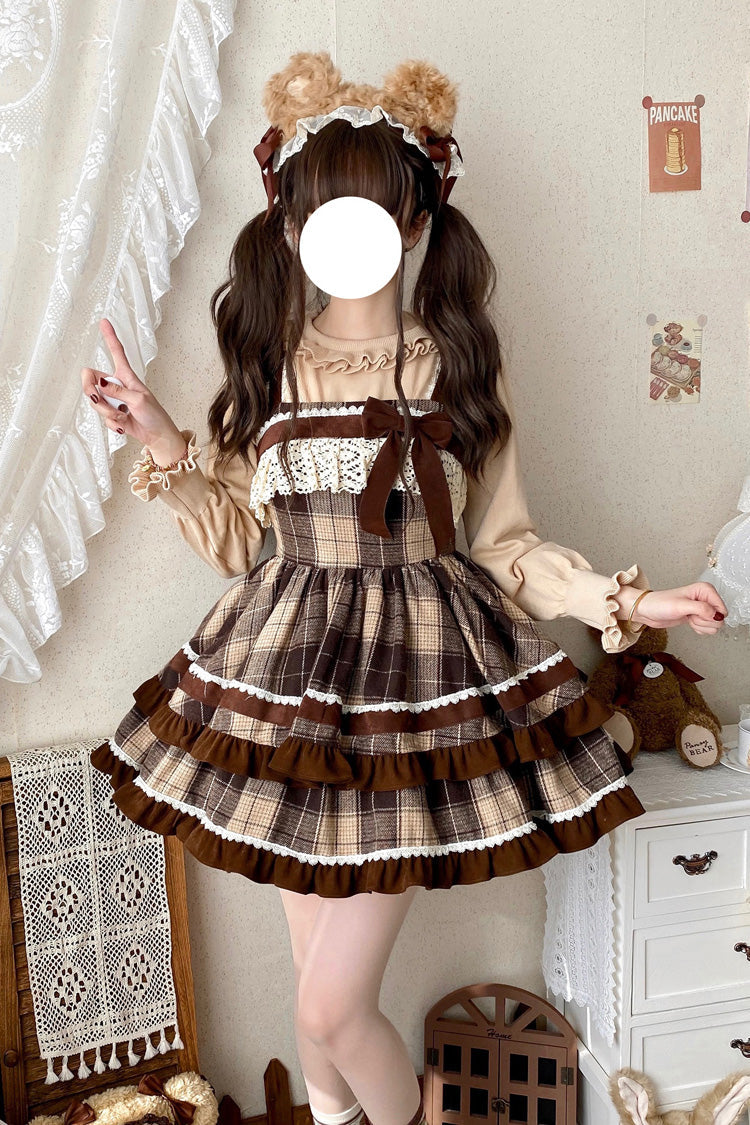 Cocoa Sleeveless Double-Layered Plaid Ruffle Bow Lace Sweet Lolita JSK