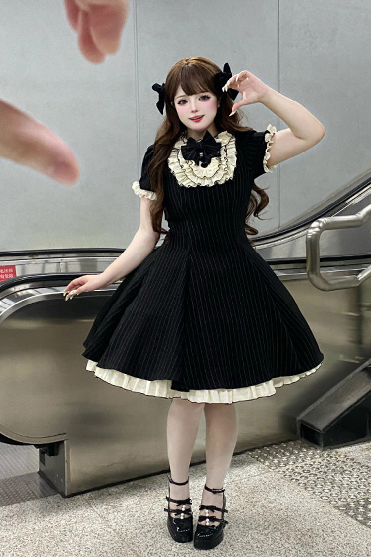 Stripe Print Ruffle Bowknot Sweet Plus Size Maid Black Short Sleeves Dress
