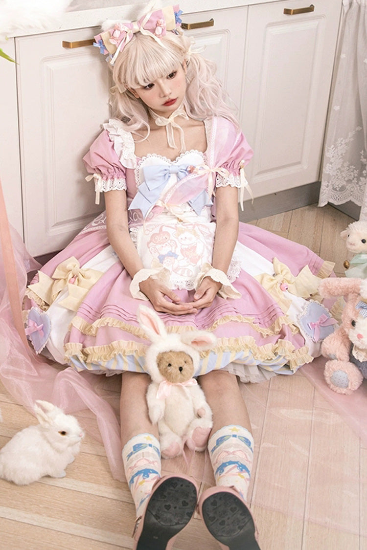Pink Short Sleeve Print Ruffle Bowknot Lace-Up Sweet Princess Dress Set