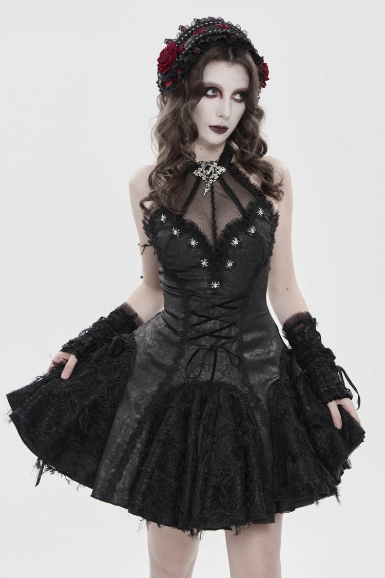 Off Shoulder Sleeveless Printed Spliced Lace Lace-Up Pleated Gothic Dress