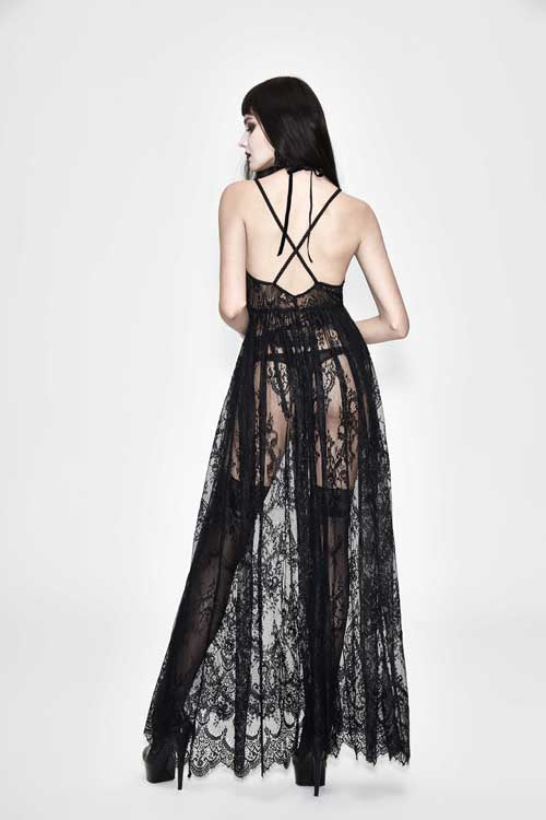 Sexy Halter Gothic Dress with Transparent Lace and High Waist