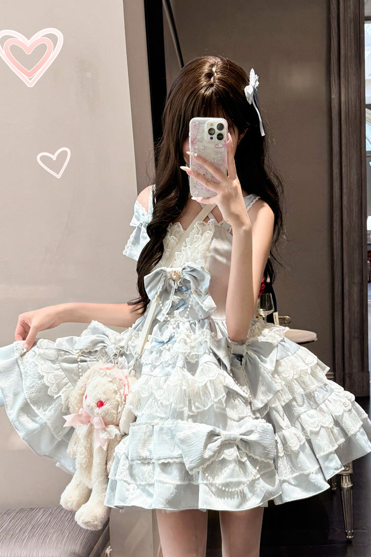 Blue Sweet Gorgeous Lolita JSK Dress with Multi-Layered Ruffle and Bowknot