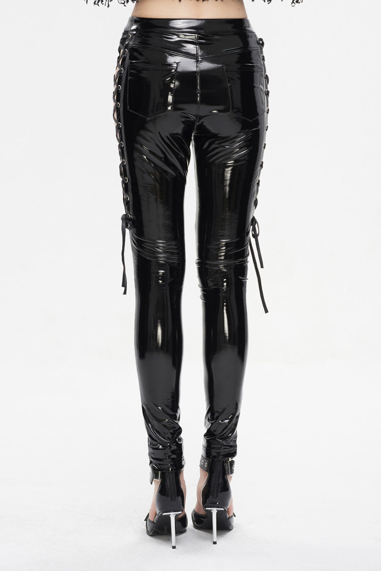 Vinyl Side Cutout Lace-Up Punk Pants for Women