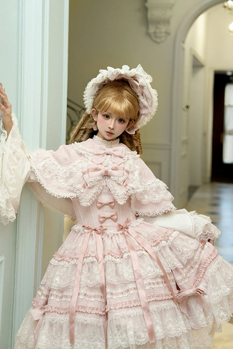 Pink Sleeveless Ruffled Bow Lace Sweet Lolita JSK - Reinas
