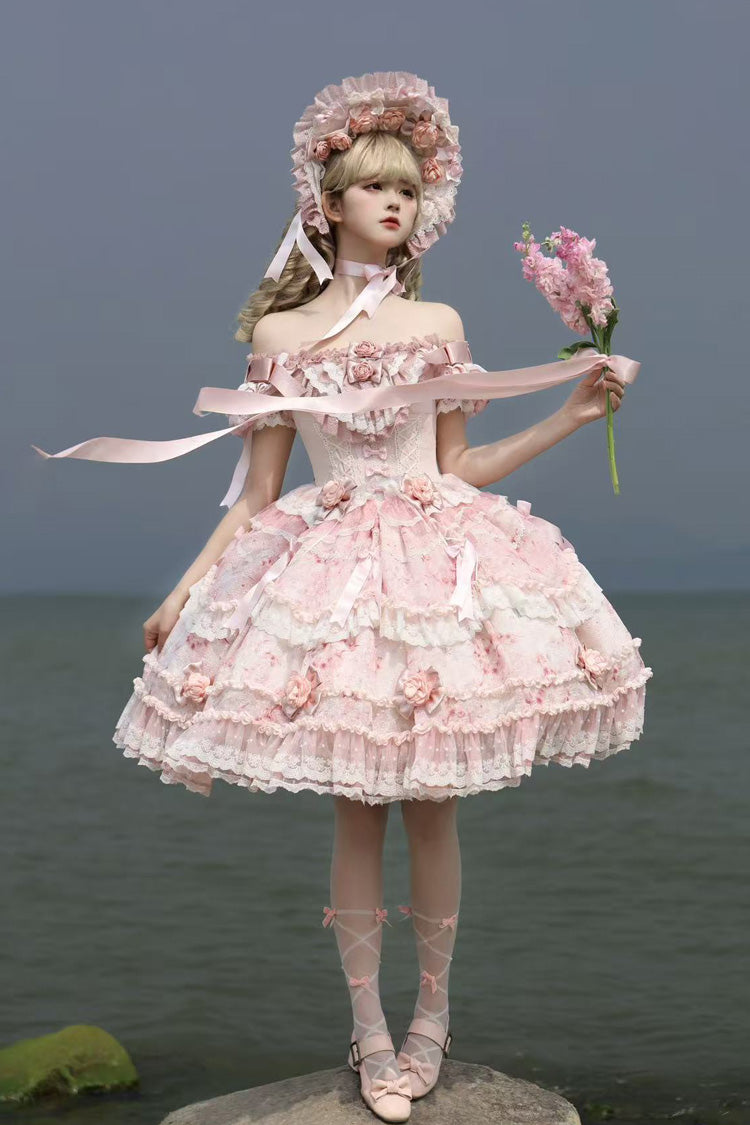 Pink Short Puff Sleeves Ruffle Bowknot Lace Sweet Japanese Princess Dress - Rose Manor