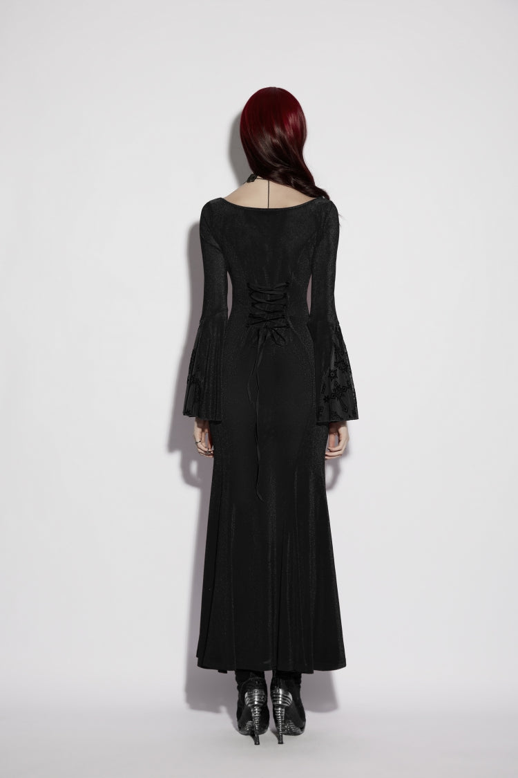 Black Round Collar Long Trumpet Sleeve Spliced Lace Lace-Up Mesh Eyelet Gothic Dress