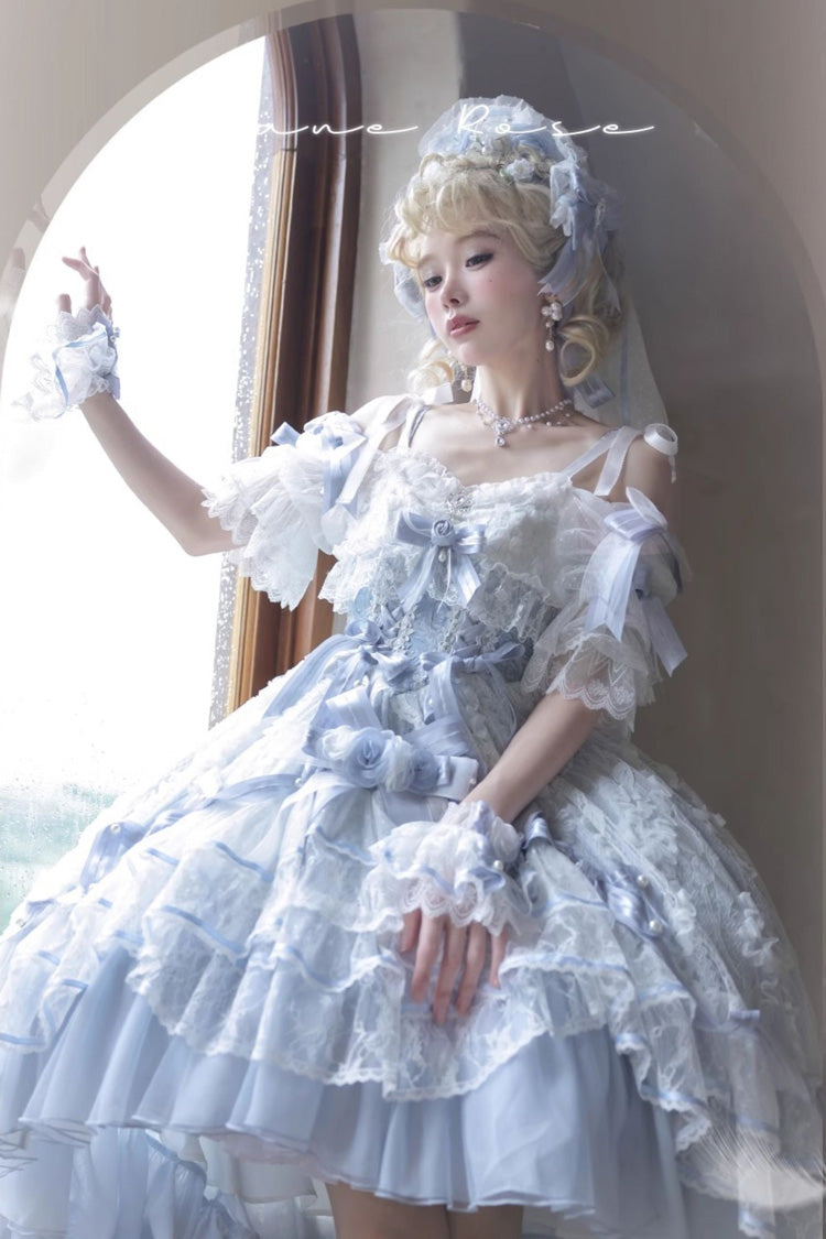 Blue Diane Rose Short Sleeve Jacquard Ruffle Cardigan Bow Lace Sweet Lolita Dress