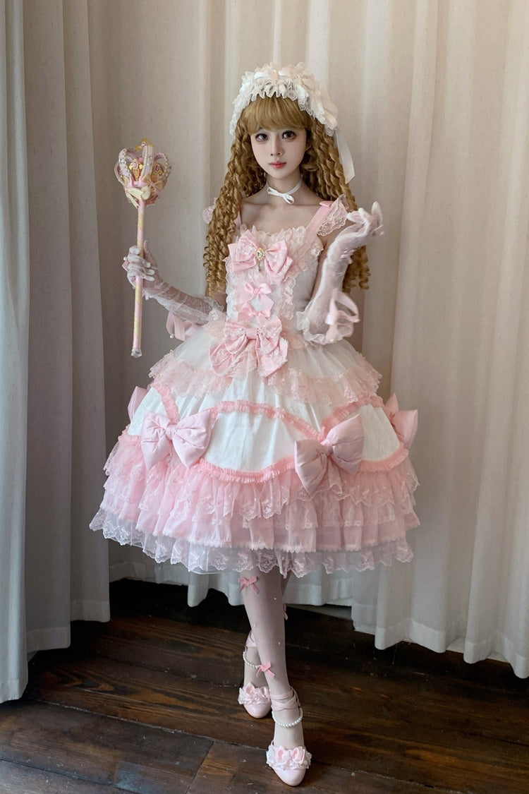 Ivory & Pink Square Collar Multi-Layer Ruffled Bow Lace Sweet Lolita JSK