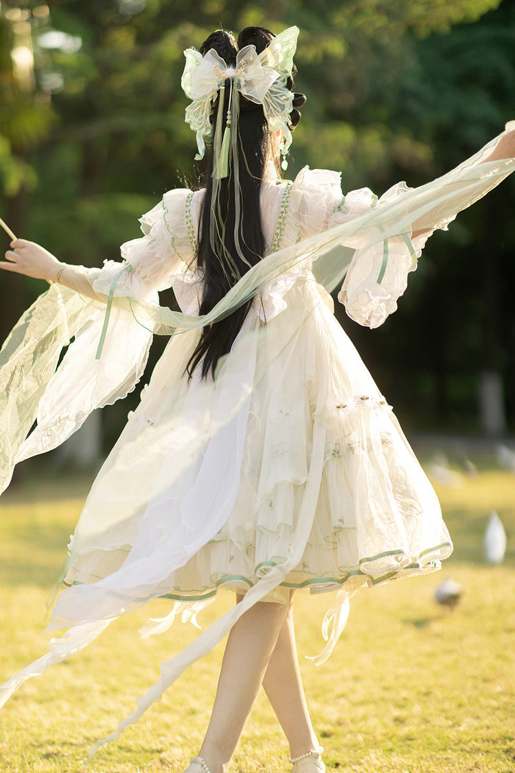 Cream Luo Ling Fu Embroidery Bow Lace Frilled Chinese Style Sweet Lolita JSK Dress