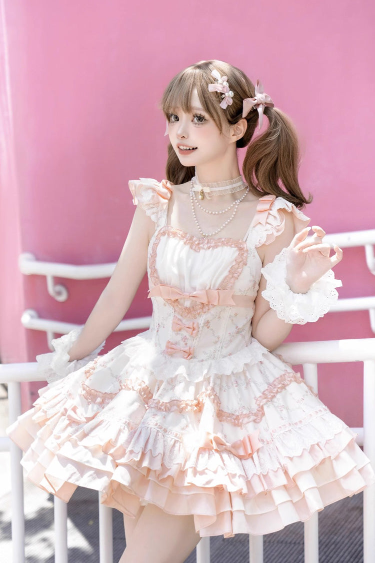 Floral Printed Multi-Layer Lace Sweet Lolita Tiered Dress - Ruffled Bowknot