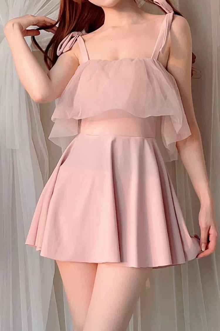 Pink Sleeveless Ruffled Lace-Up Japanese Sweet One-Piece Swimsuit