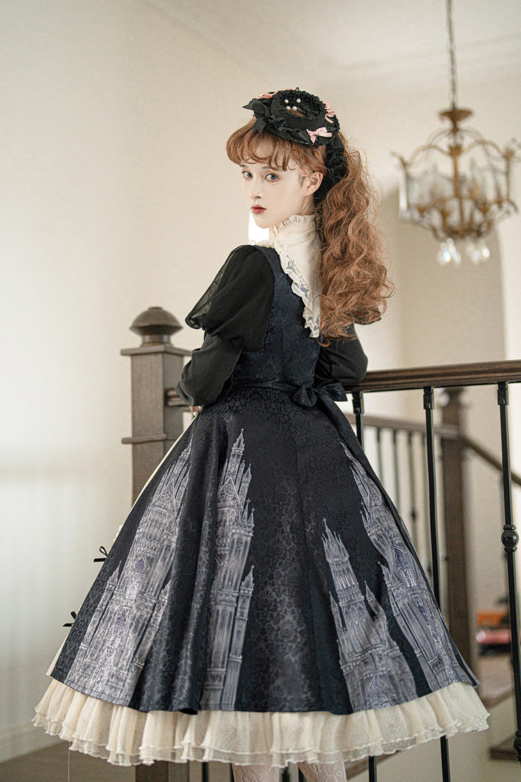 Black & White Church Bells Printed Ruffled Cardigan Bow Elegant Gothic Lolita Dress