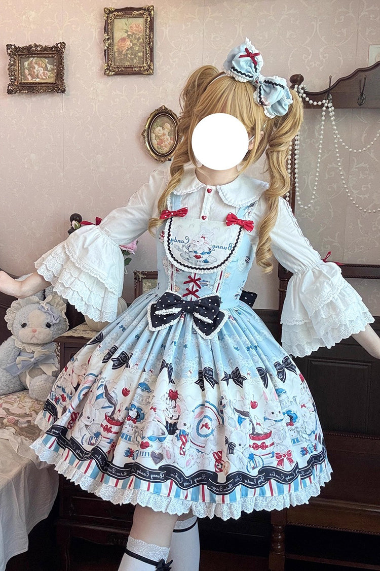 Sleeveless Print Ruffle Bowknot Lace Sweet Lolita Jsk Dress Blue