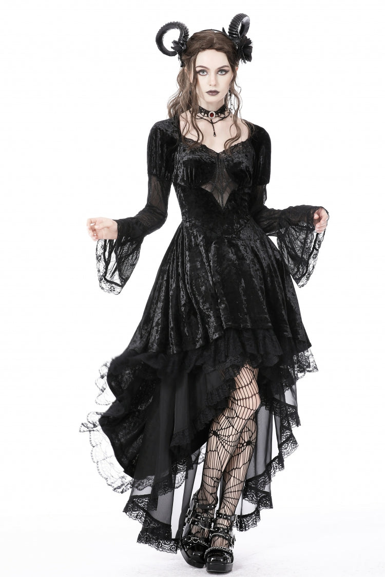 Onyx Velvet Gown with Puffed Sleeves and Asymmetric Lace Trim