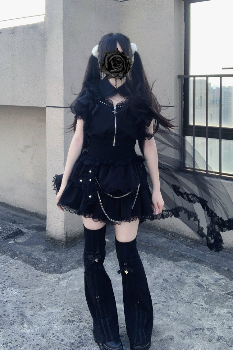 Gothic Layered Lace Zip Chain Skirt Set with Short Sleeves - Song of Atonement