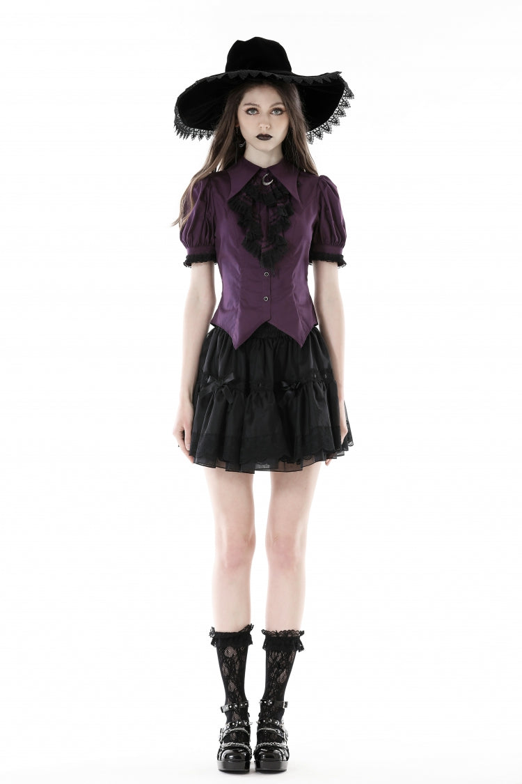 Periwinkle Moon Frill-Collar Puff-Sleeve Gothic Top