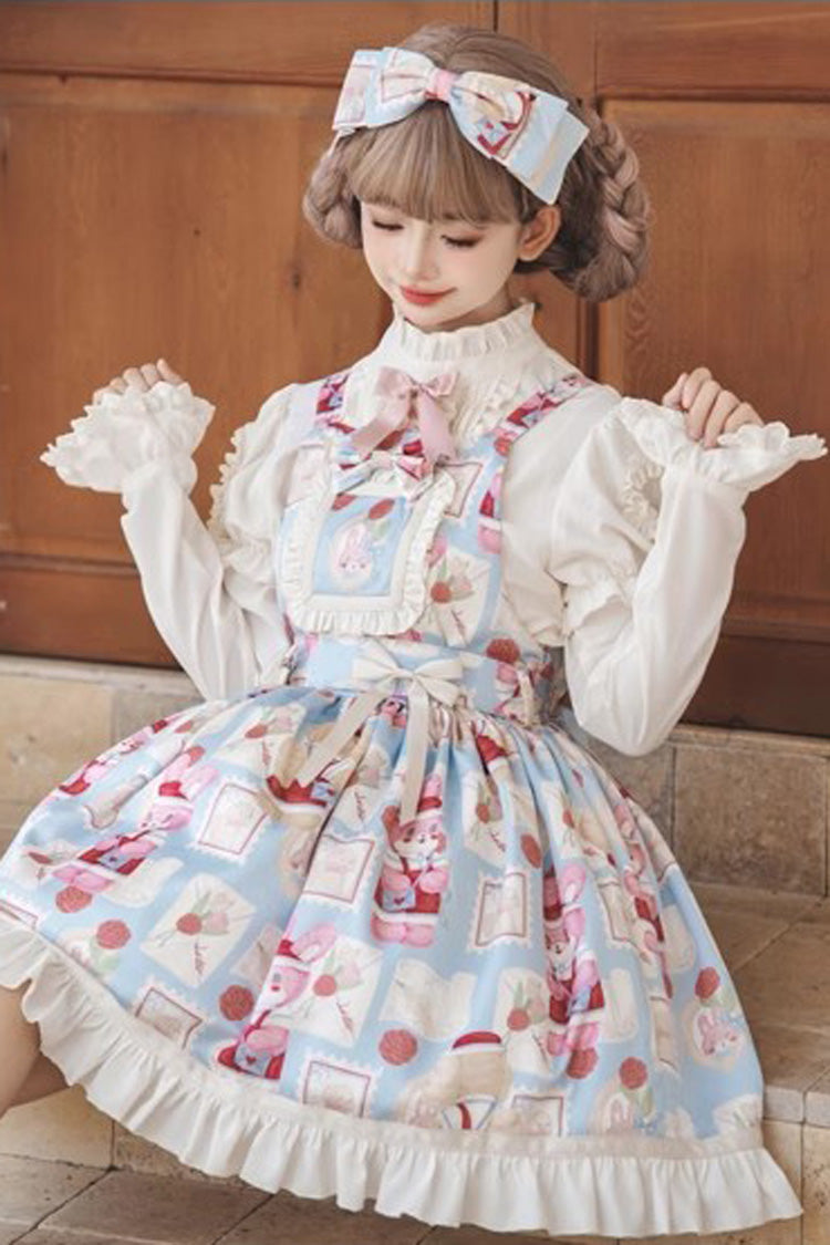 Light Blue Rabbit Letter Printed Ruffled Bow Sweet Princess Lolita Strap Dress