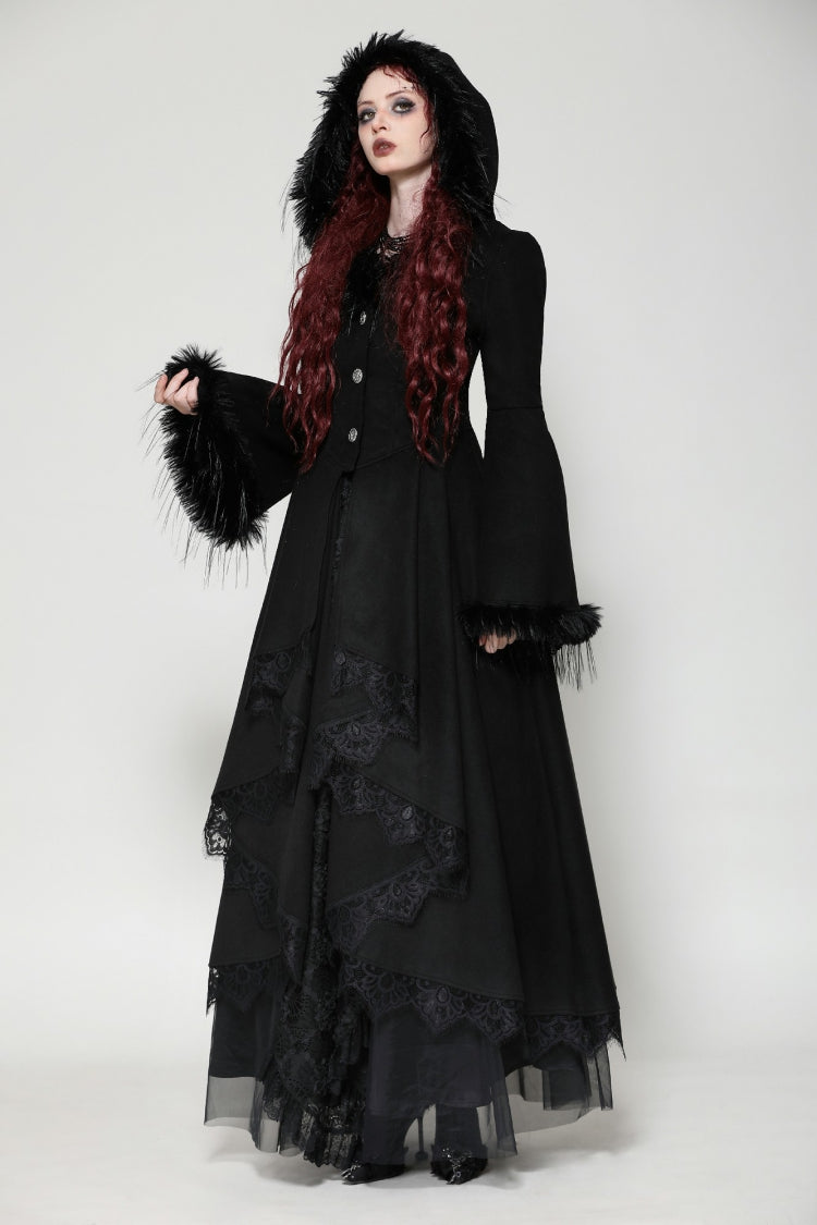 Charcoal Hooded Romantic Coat with Flared Sleeves and Buttons