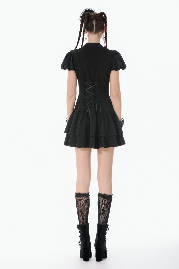 Pleated Bow Lace-Up Short Sleeve Gothic Lolita Dress - Black