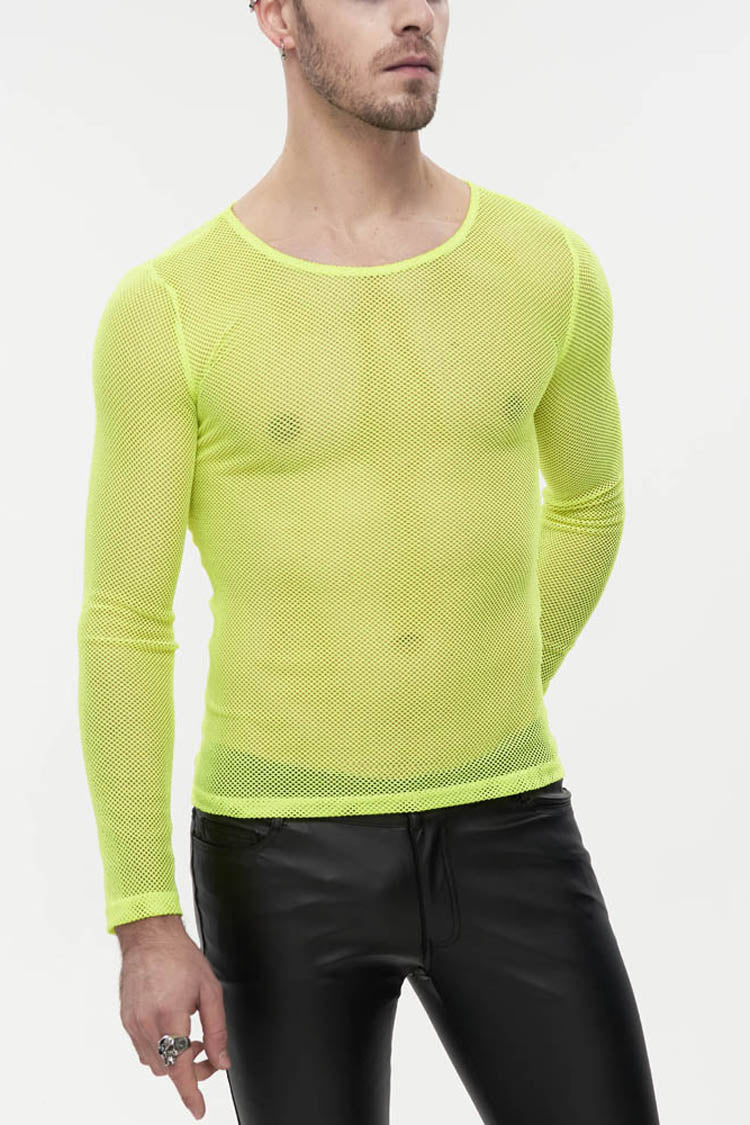 Yellow Gothic Mesh Shirt with High Neck, Long Sleeves