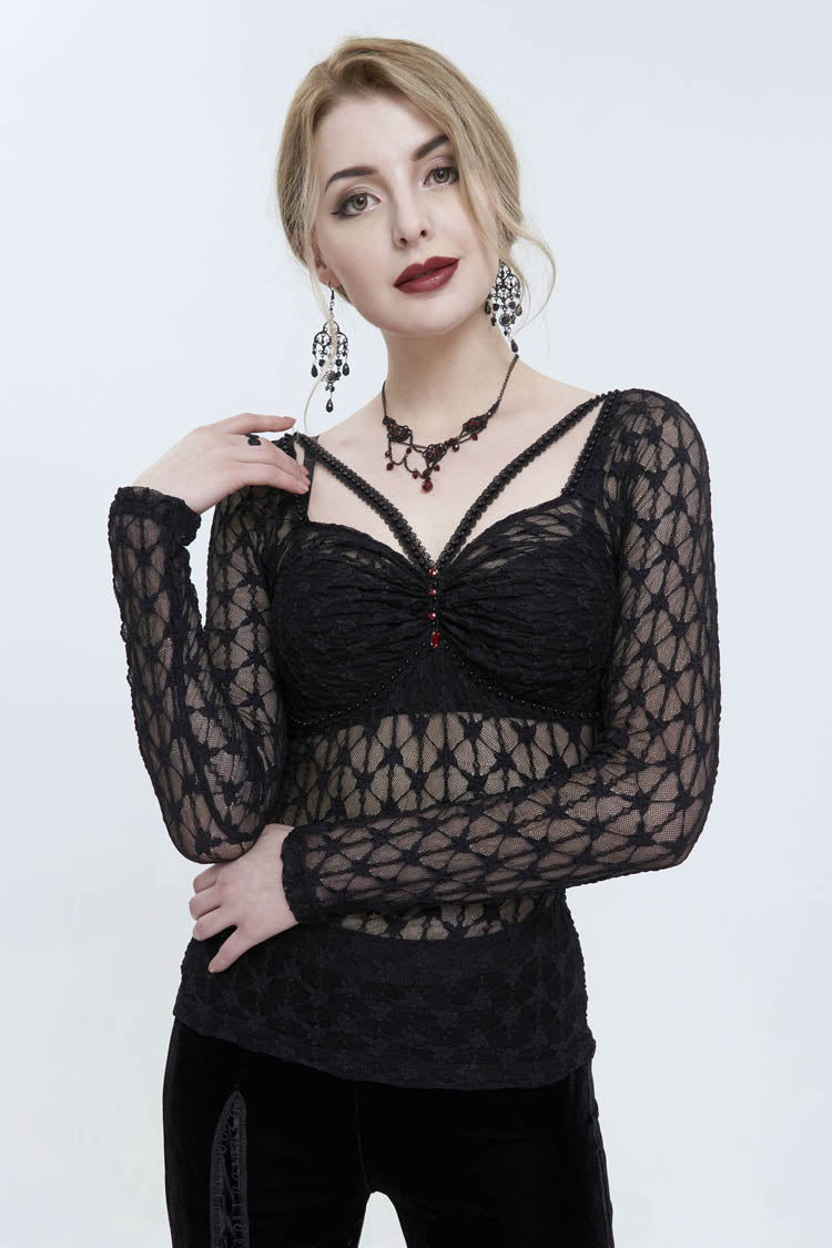 Punk Black Lace Mesh Front Red Diamond Transparent Long-Sleeve Women's Tee