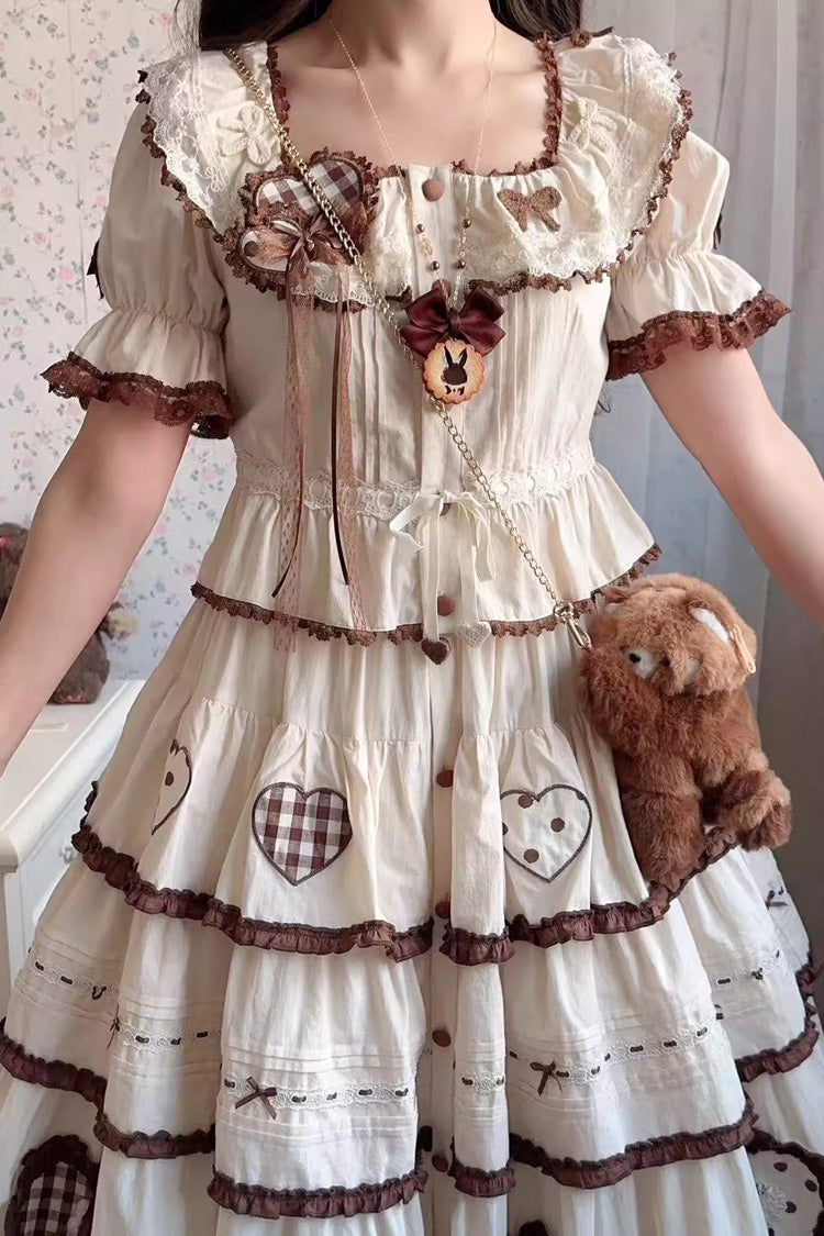 Cream Lovely Heart Triple-Layer Embroidery Bow Frilled Elegant Sweet Lolita Skirt
