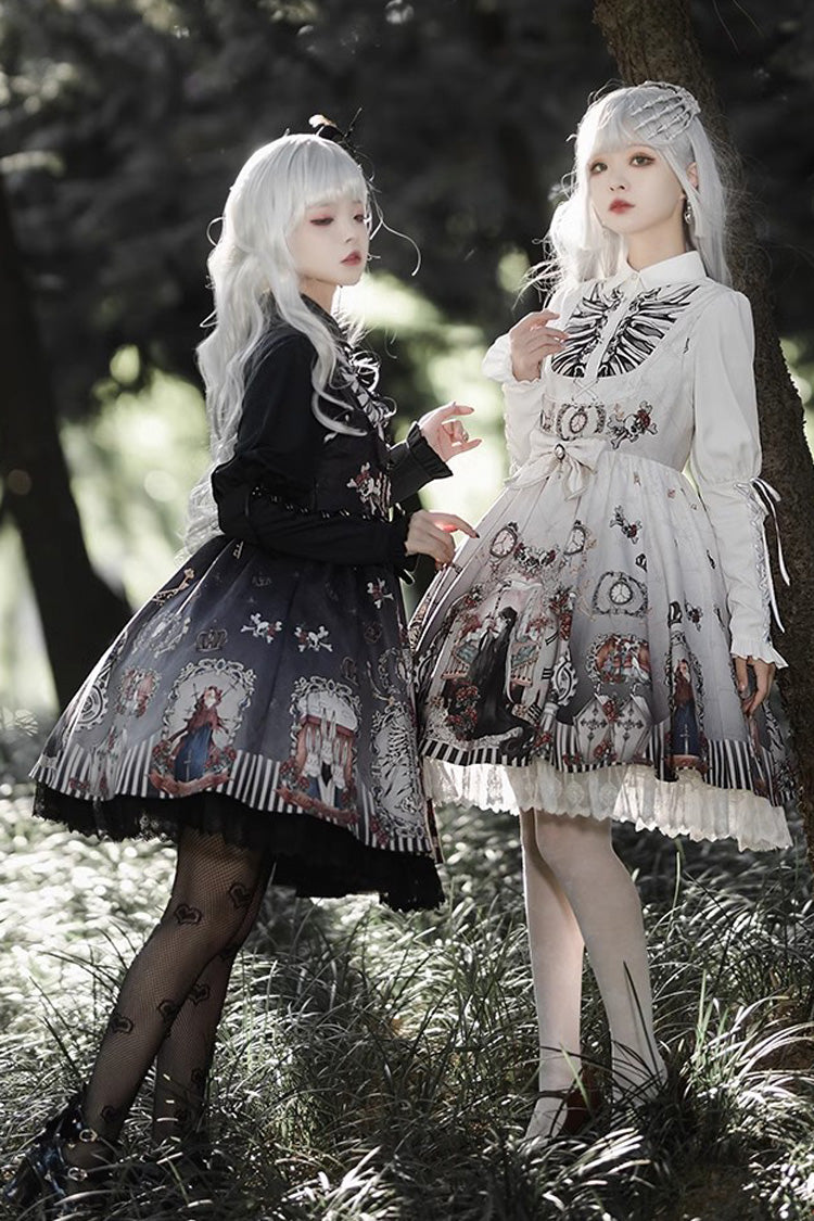 Navy Fairy Tale Print Ruffle Bowknot Gothic Lolita JSK Two-Tone