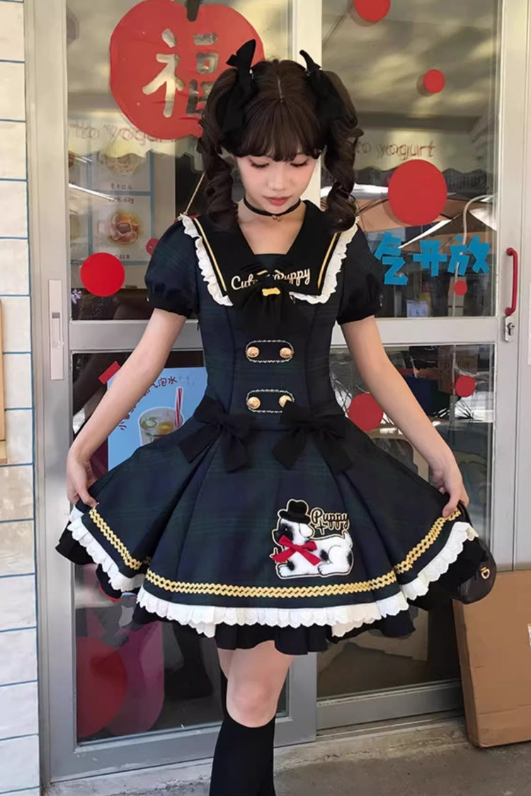 Blue Dalmatian Short Sleeves Print Ruffle Bowknot Slim Sweet Lolita Dress