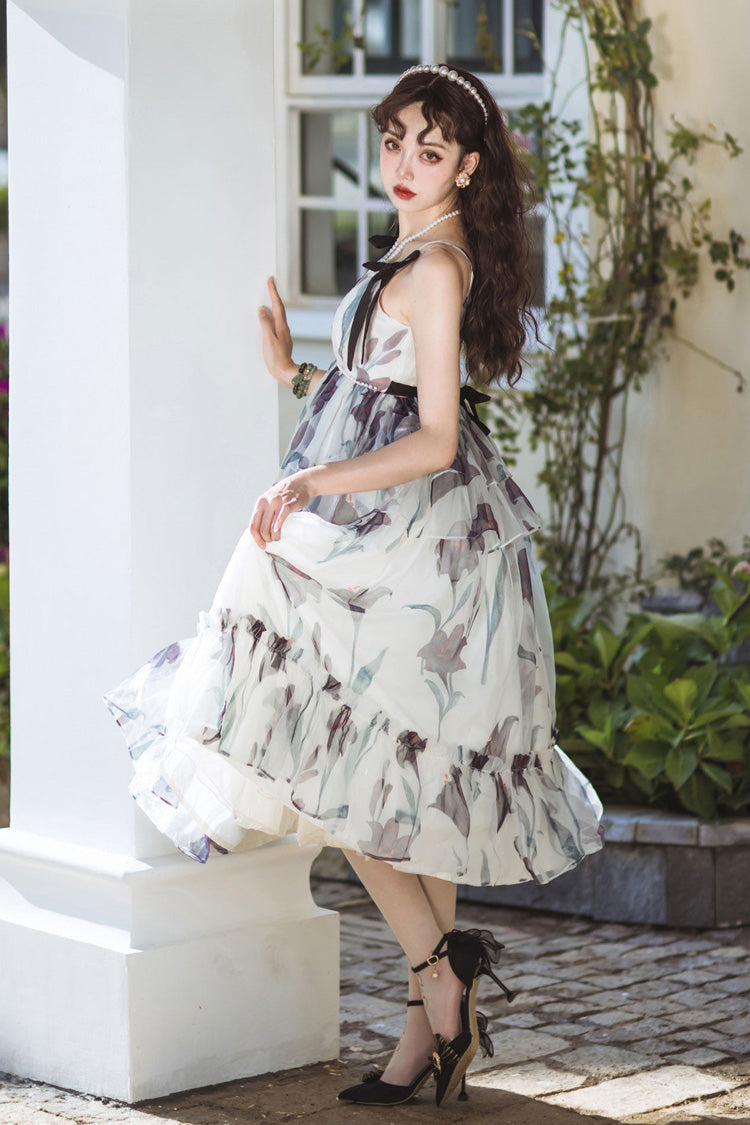 Ivory V-Neck Sleeveless Layered Bow Print Sweet Lolita JSK