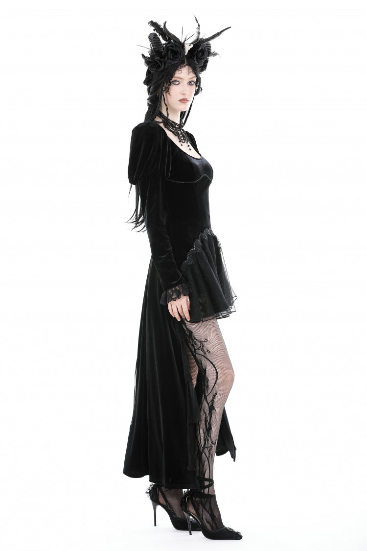 Ink Crewneck Long Puff-Sleeve Lace Hem High-Low Velvet Gothic Wedding Dress for Women