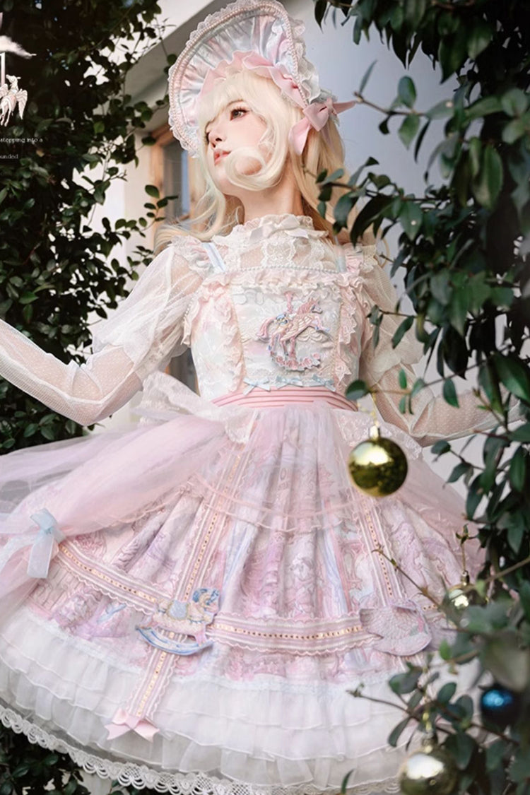 Pink Blue Multi Print Ruffle Bow Lace Sweet Gorgeous Lolita Jsk Dress