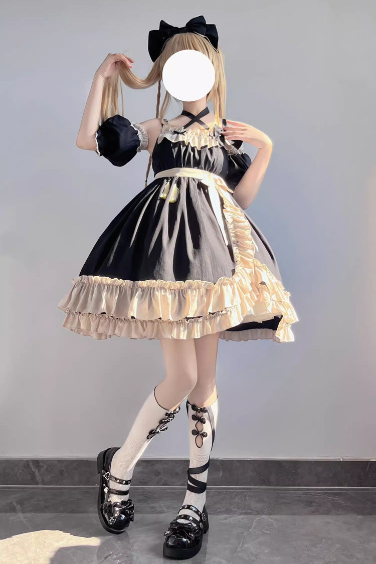 Black High-Waisted Asymmetric JSK Dress with Bowknot