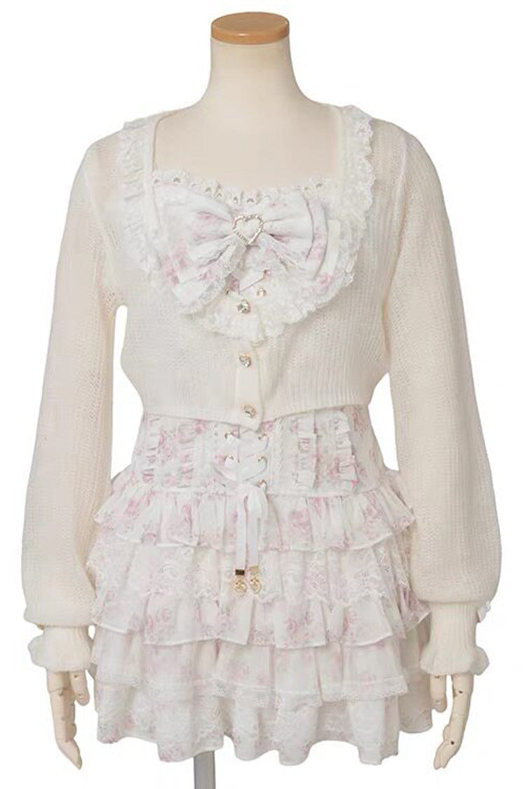Multi Layered Ruffled Bow Print Long Sleeve Jirai Dress in Three Shades