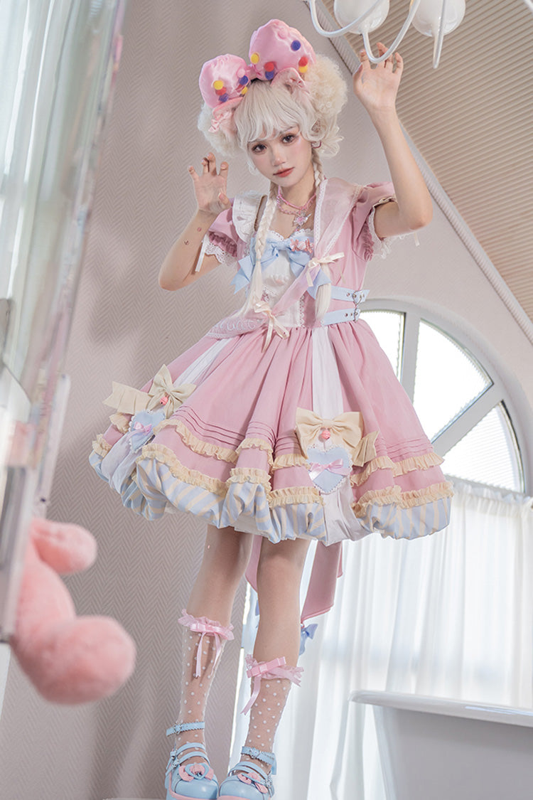 Pink Short Sleeve Print Ruffle Bowknot Lace-Up Sweet Princess Dress Set